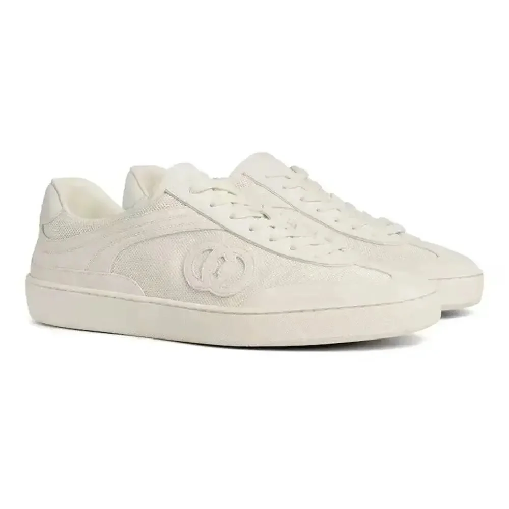Gucci Off-white mesh and suede low-top sneakers with embossed double G logo