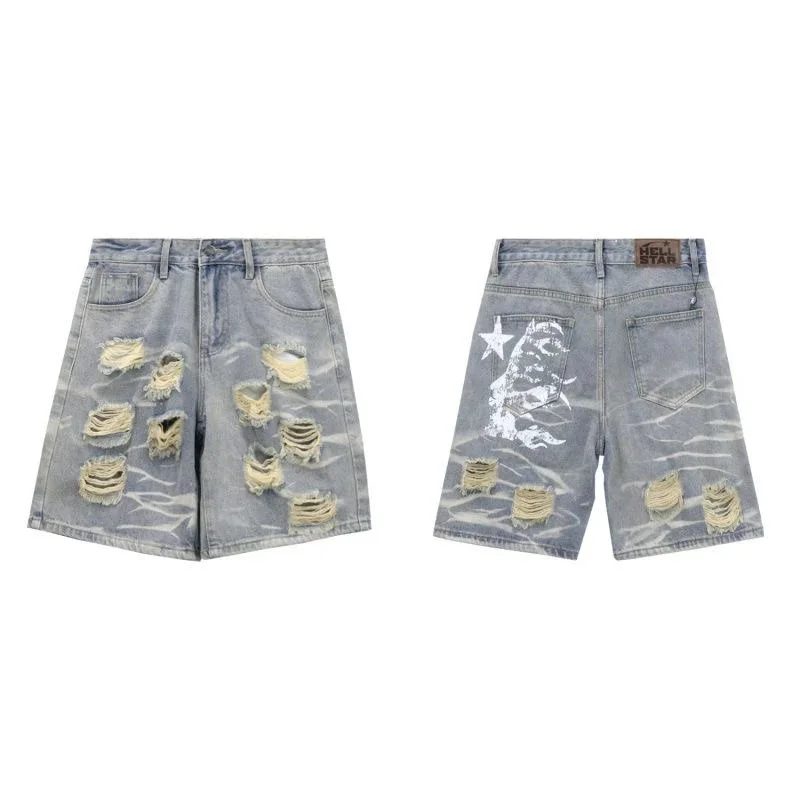 Hellstar Star Graphic Distressed Denim Shorts