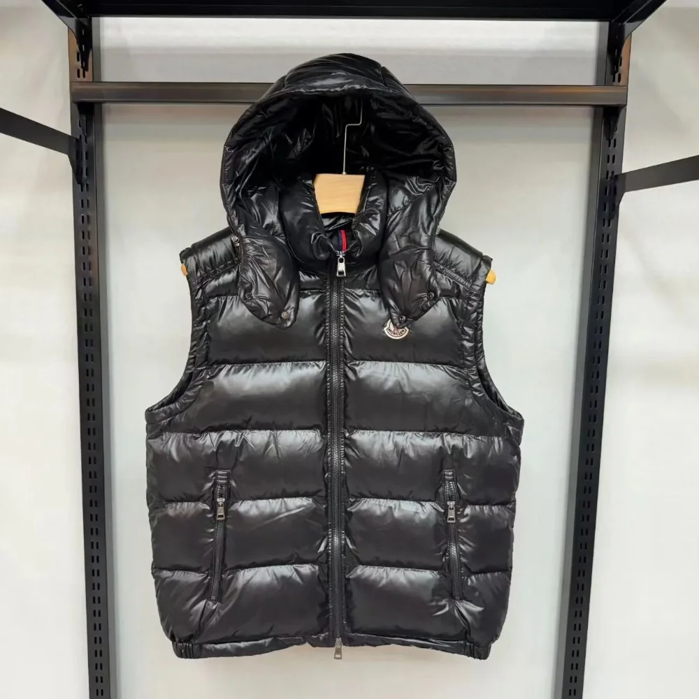 Moncler Black shiny quilted hooded puffer vest with front zipper and side