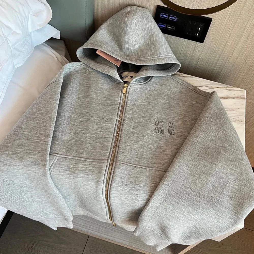 Miu Miu Embroidered Logo Zip-Up Hooded Sweatshirt