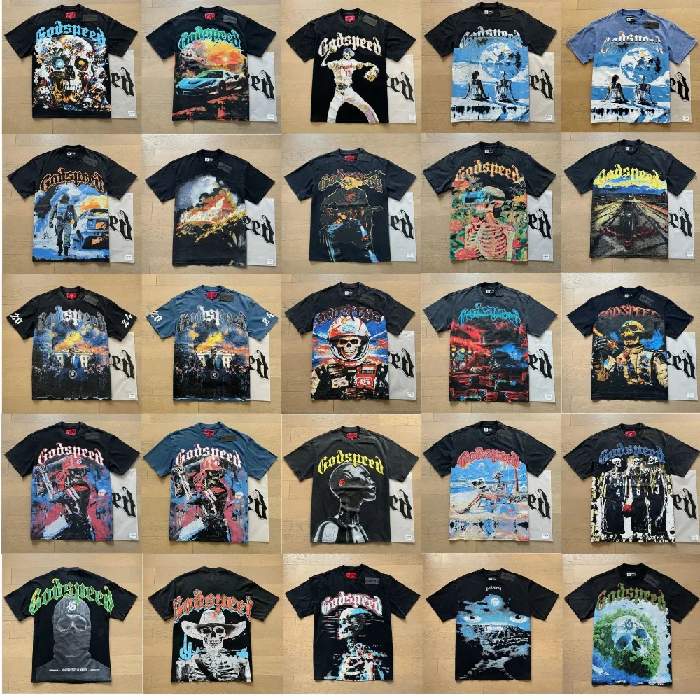GOD SPEED Skull and Graphic Print T-Shirt