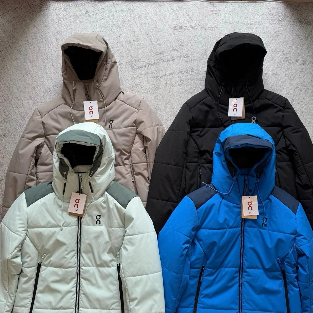 On Quilted hooded puffer jacket with color-block shoulders and front zipper