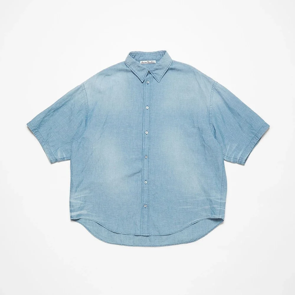 Acne Studios light blue denim short-sleeve button-up shirt with curved hem