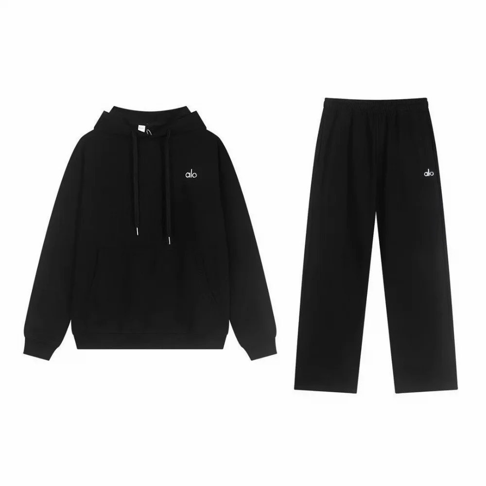 alo black oversized hooded sweatshirt with front pocket and matching relaxed joggers