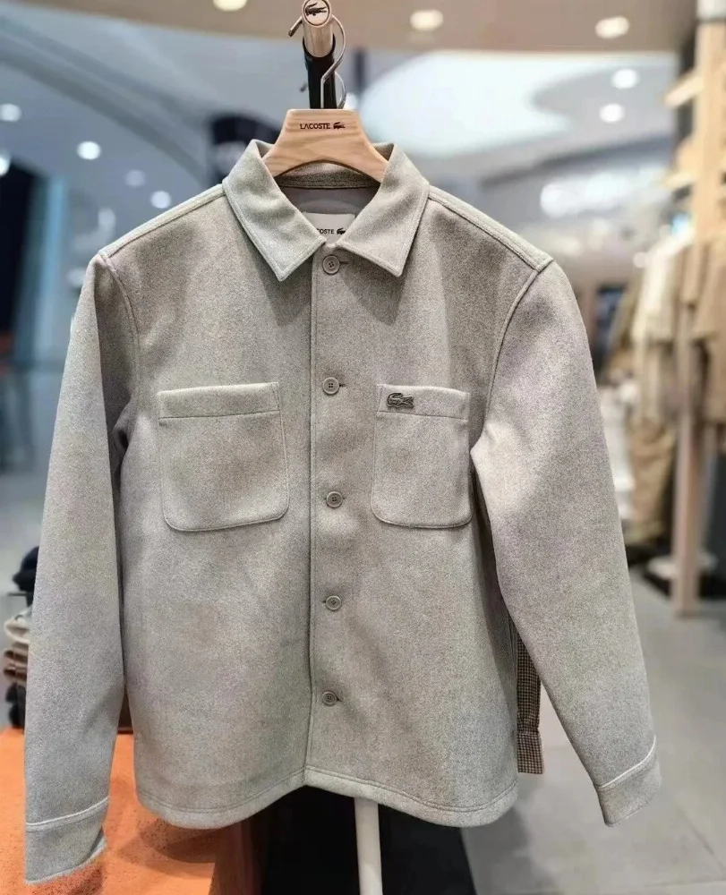 Lacoste Light gray wool-blend shirt jacket with button front two patch pockets