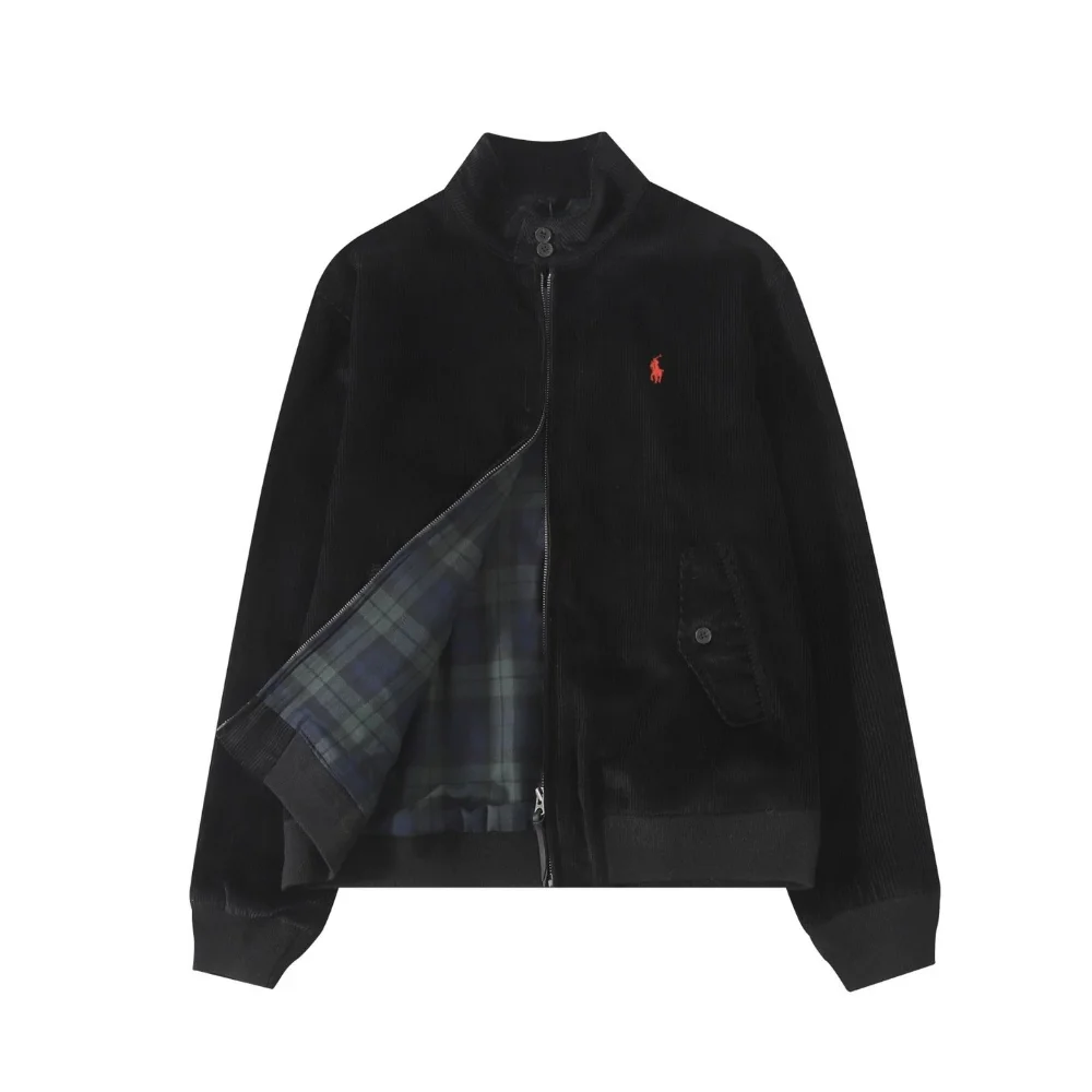 Polo Ralph Lauren black corduroy zip-up jacket with plaid lining and ribbed