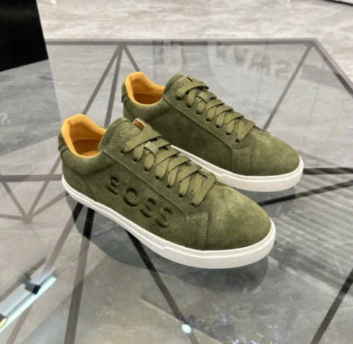 BOSS Olive green suede low-top sneakers with white sole and yellow lining