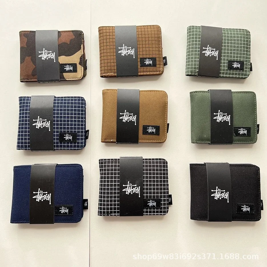 Stussy Canvas bifold wallet with grid camouflage and solid color patterns