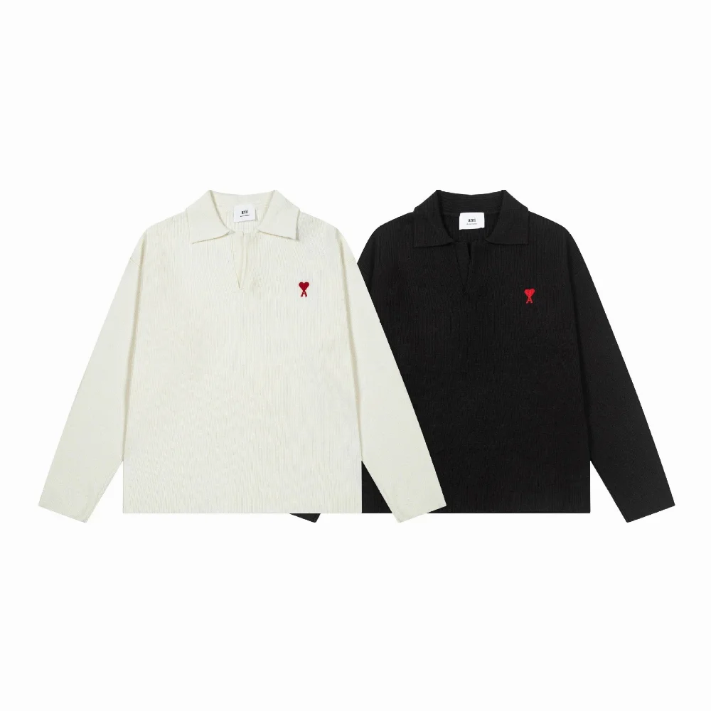 Ami Red Heart Embroidery Long Sleeve Polo Sweater