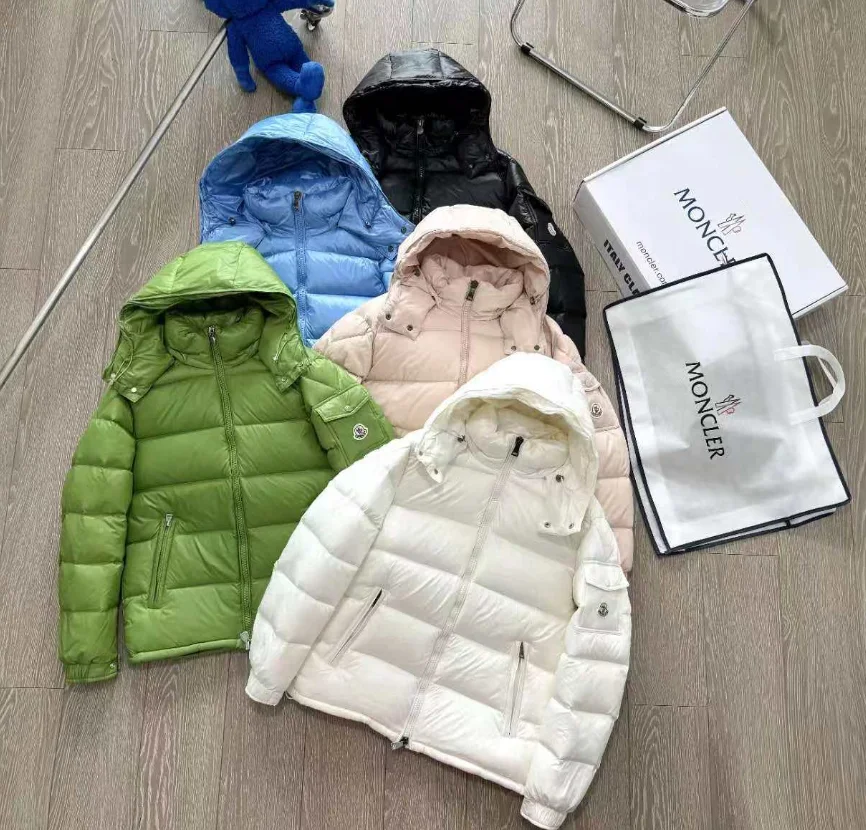 Moncler quilted hooded puffer jackets in green blue black beige white