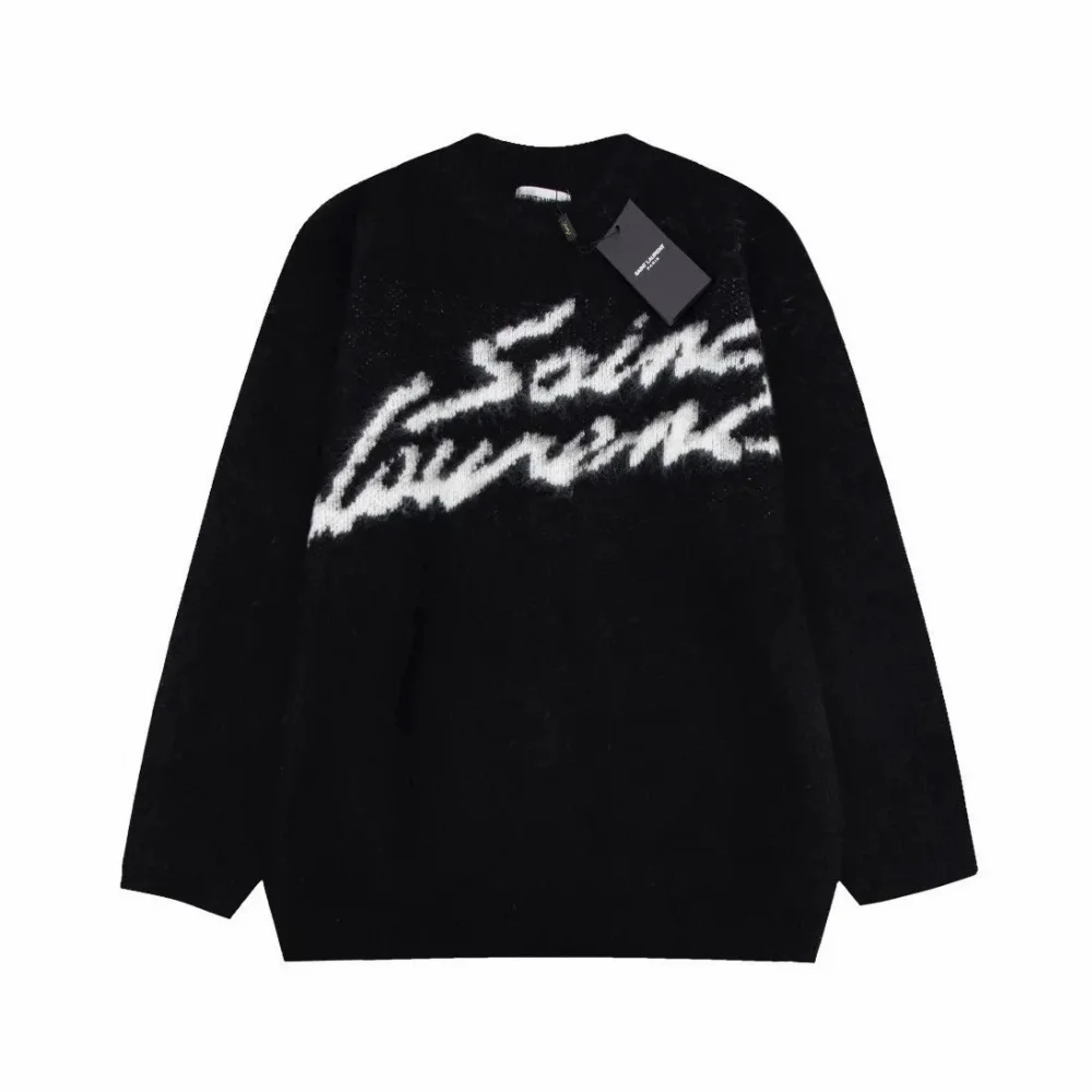Saint Laurent White Graffiti Logo Knit Sweater