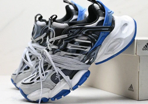 Adidas Grey black blue mesh synthetic running shoes with layered overlays and