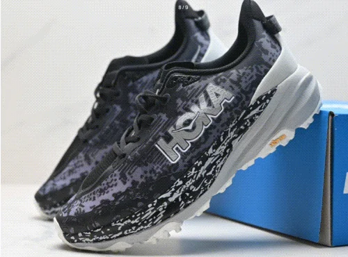 Hoka Black and gray camouflage print mesh running shoes with white midsole