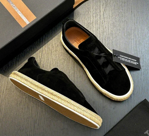 Zegna black grey tan beige suede slip-on espadrilles with braided jute sole