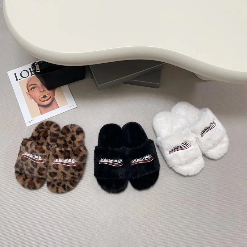 Balenciaga Logo-Embroidered Faux Fur Slides