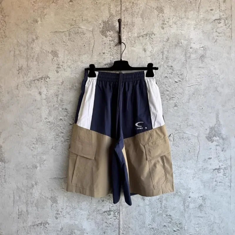 Lenc Navy white beige colorblock cargo shorts with elastic waist