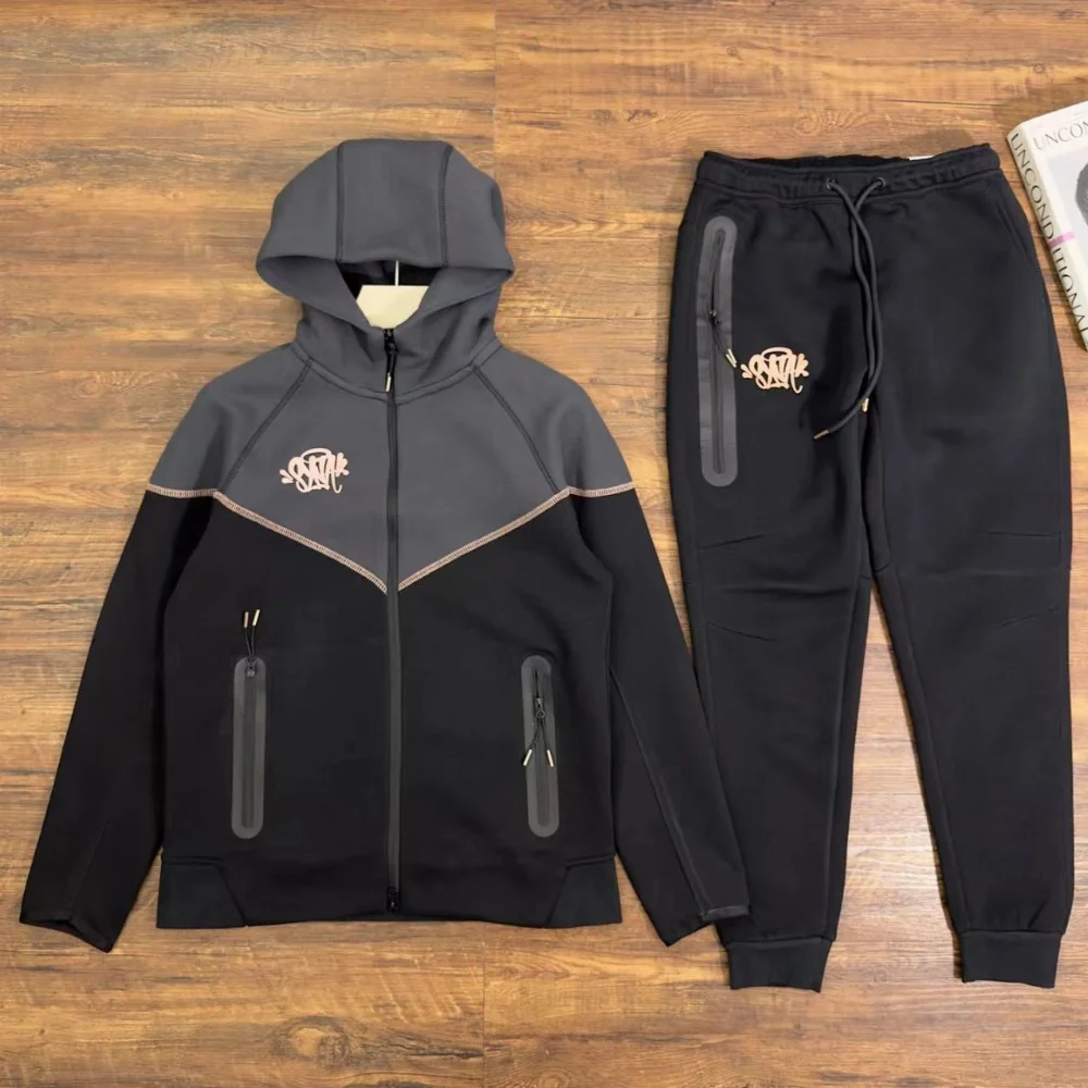 Sp5der Black and grey zip-up hooded jacket with beige logo and side