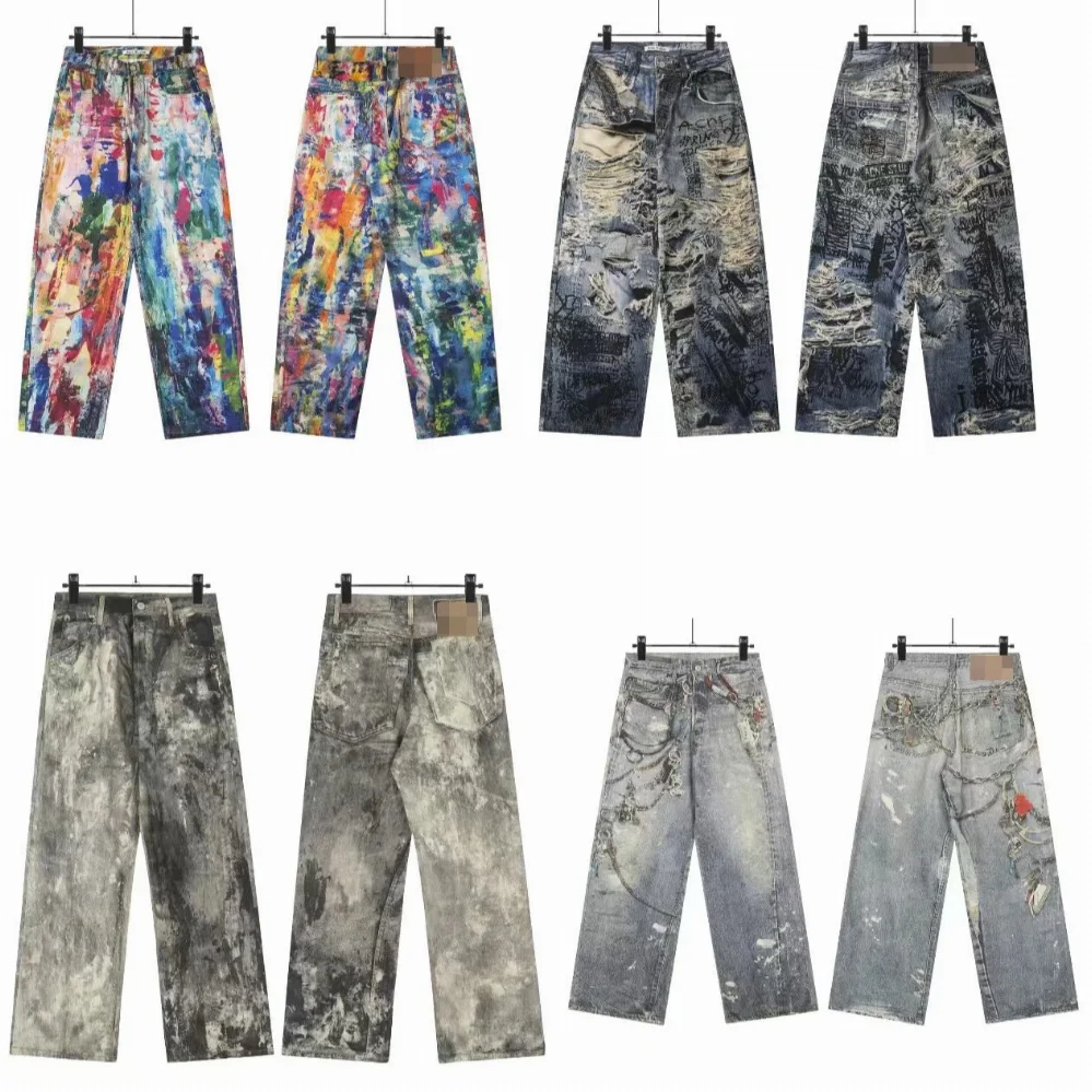 wide-leg denim pants with teddy bear applique lace pearl chain embellishment