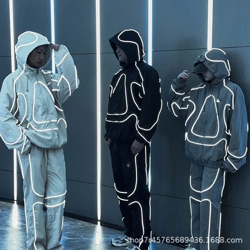 Lightweight hooded jacket with white reflective outline piping