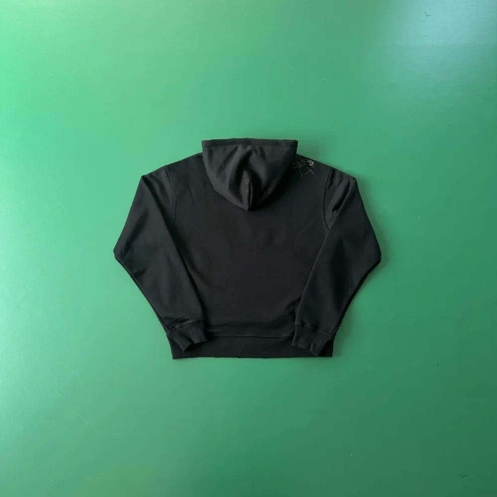 Black pullover hoodie with small back embroidery
