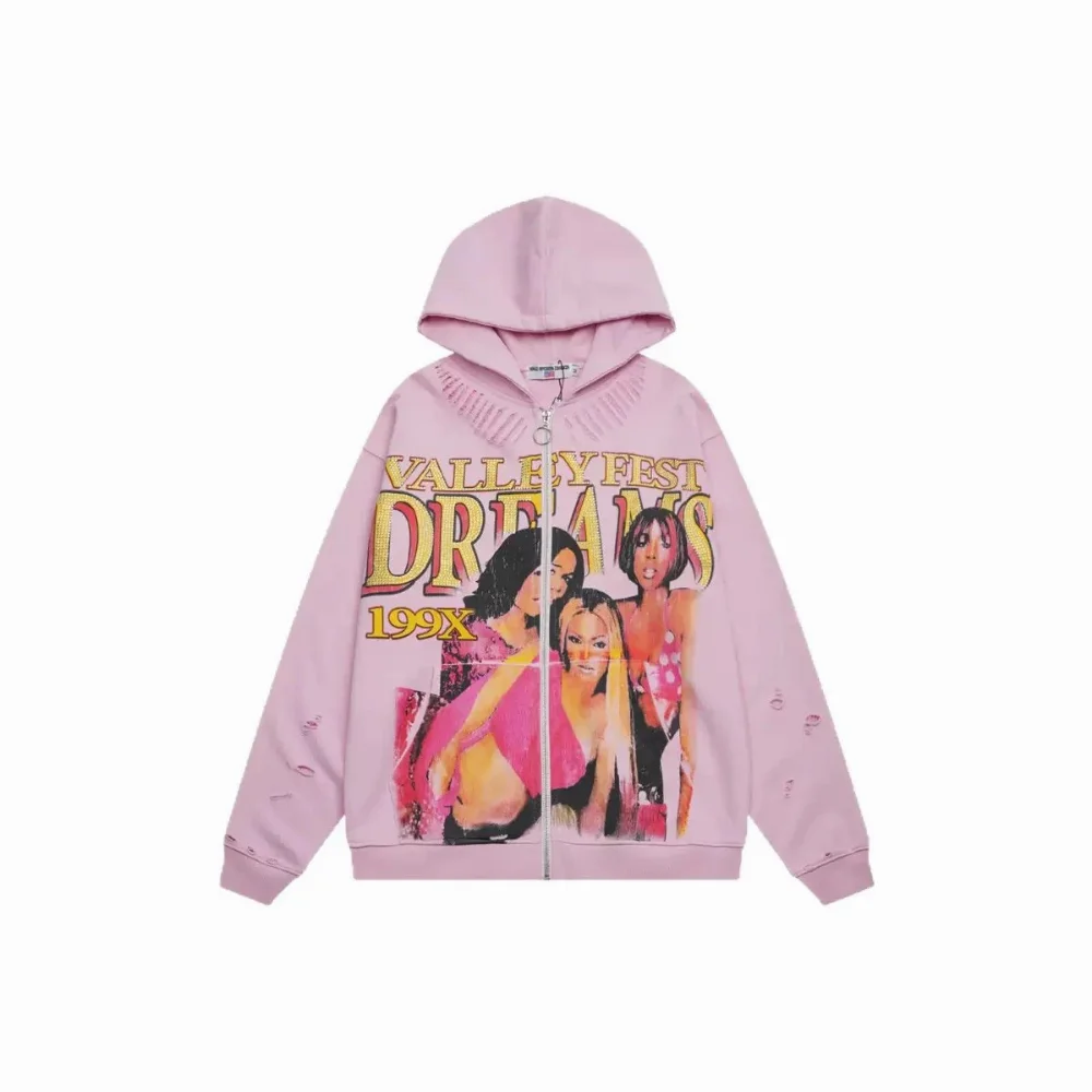 Pink black blue zip-up hoodie with distressed edges and large photo print
