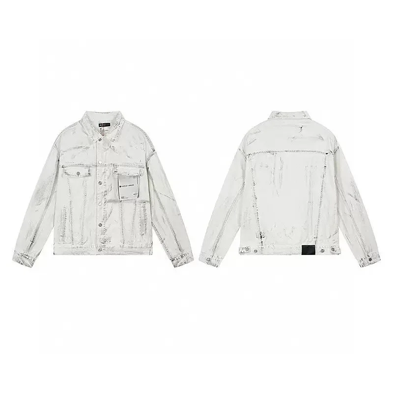 washed white distressed denim jacket with chest pockets and back seam detail