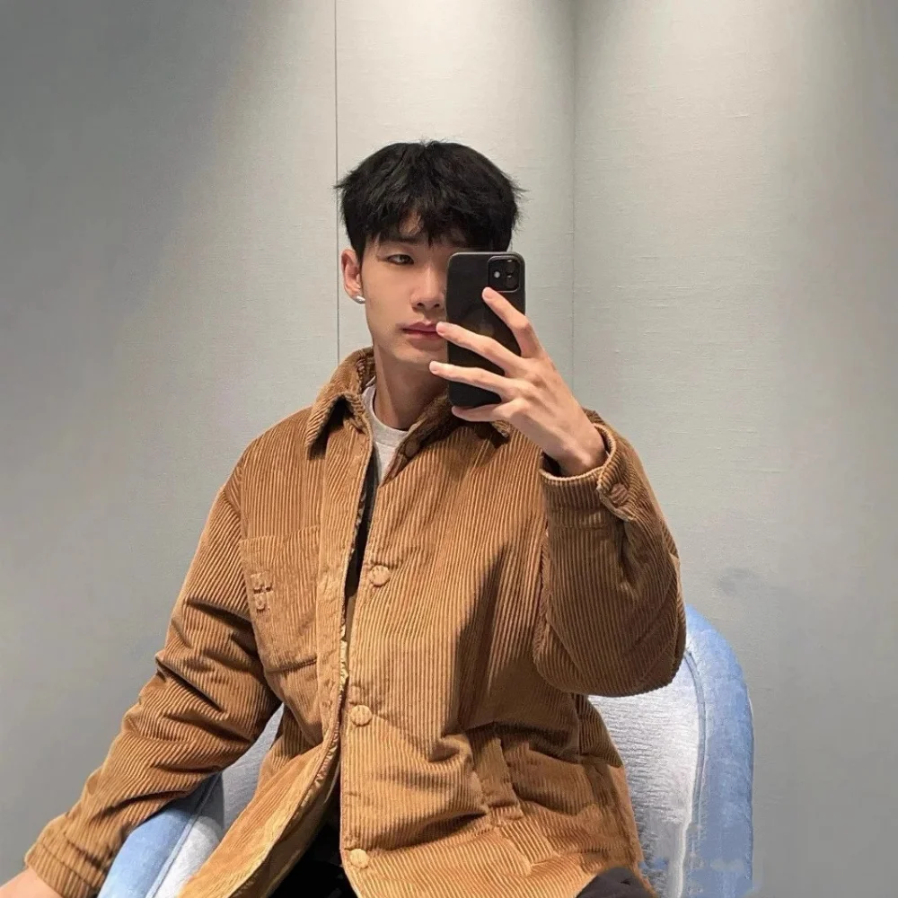 camel corduroy button-front jacket with patch pockets