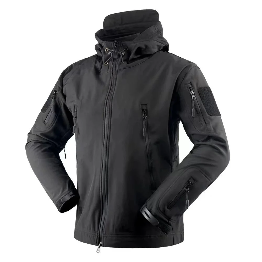 Black grey tan camo softshell hooded jacket with multiple zippered pockets and sleeve patches