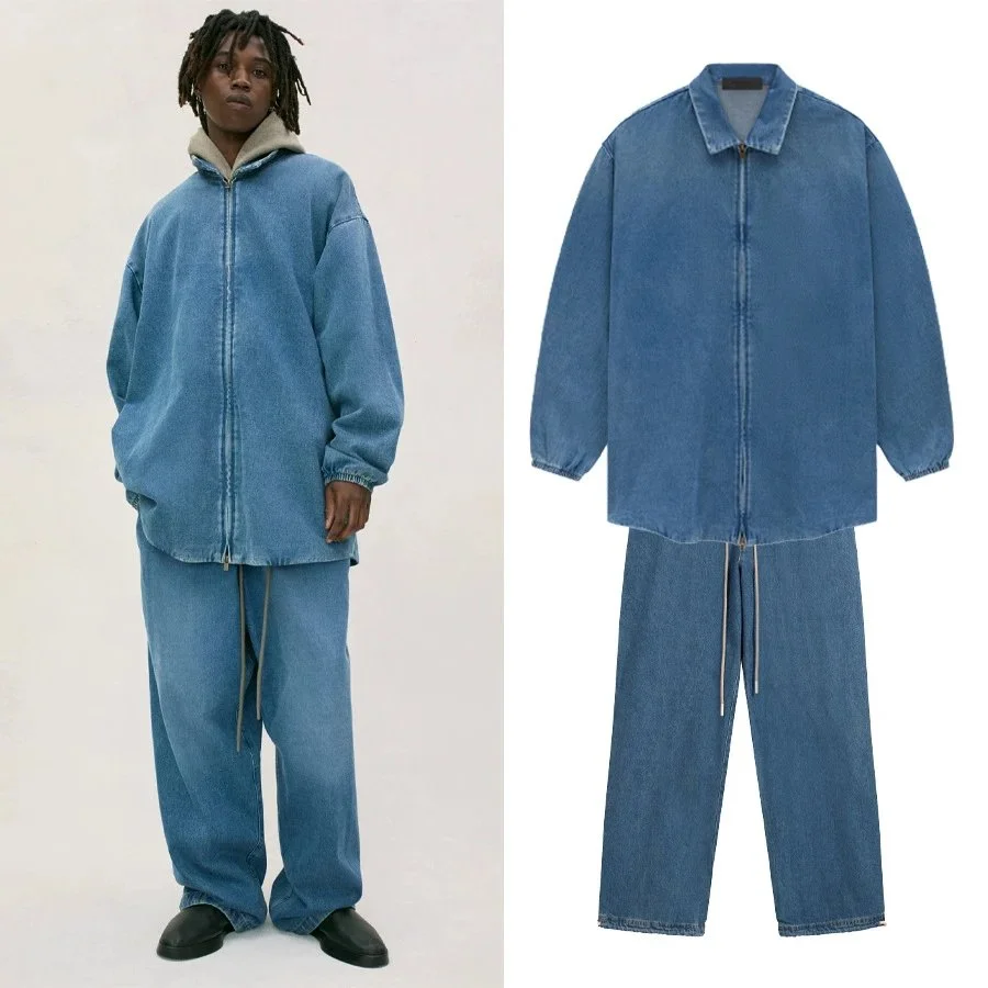 blue denim zip-front shirt with elastic cuffs and matching wide-leg jeans with drawstring waist