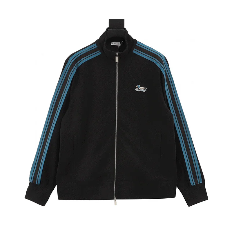 Black and beige track jacket and pants with side stripes and duck embroidery