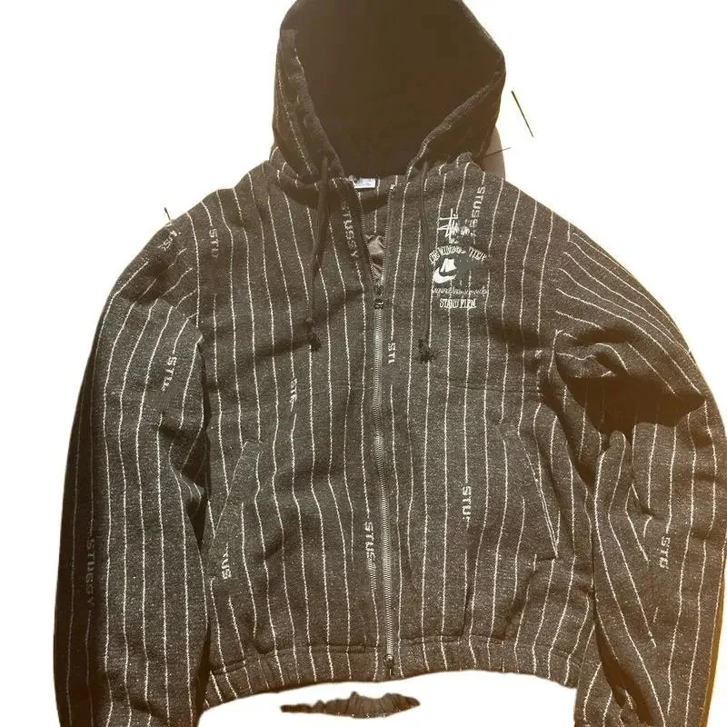 Stussy Pinstripe Logo-Print Hooded Jacket