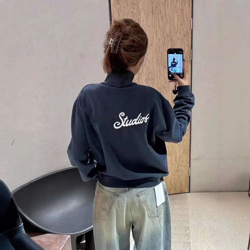 A e Studios Grey and black zip-up collar jacket with back script