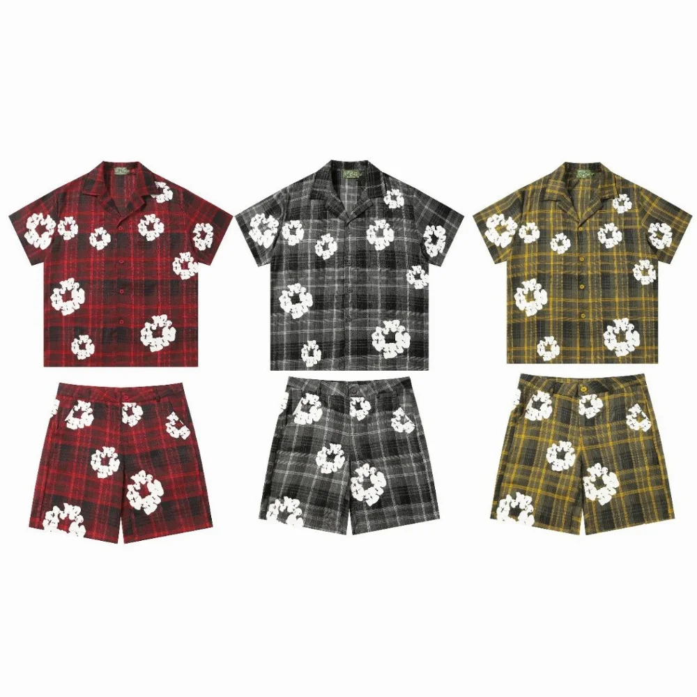 Adenim Tears Cotton Plaid Print Short Sleeve Shirt and Shorts Set