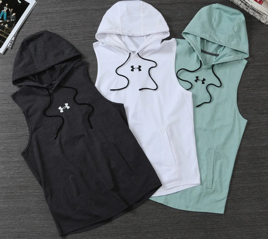 Under Armour Sleeveless hooded tops with drawstrings and front pocket in black