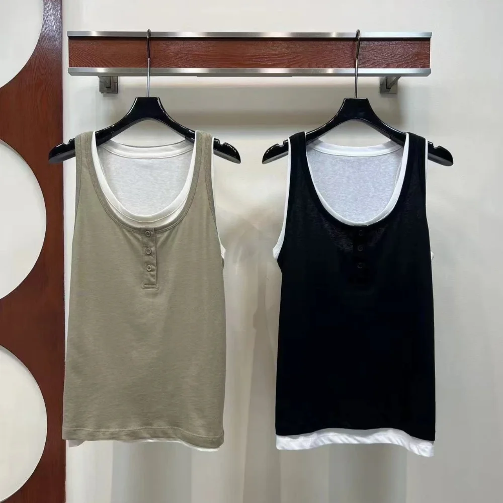 khaki and black button-placket henley tank top with layered white inner