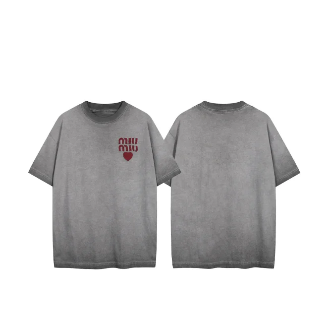 Grey acid-wash short sleeve t-shirt with red embroidered heart and letter graphic