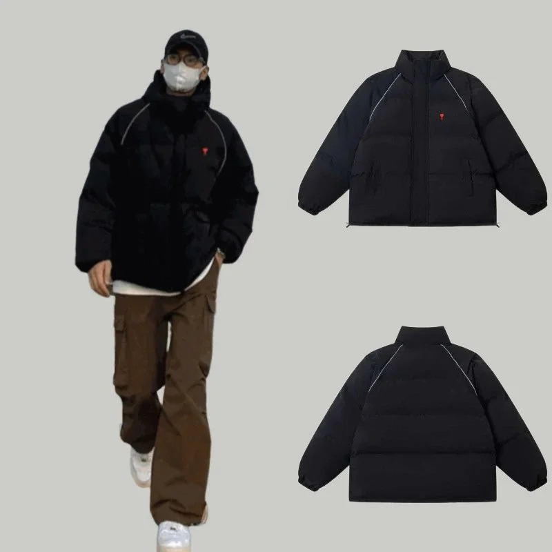 black quilted puffer jacket red heart logo white piping
