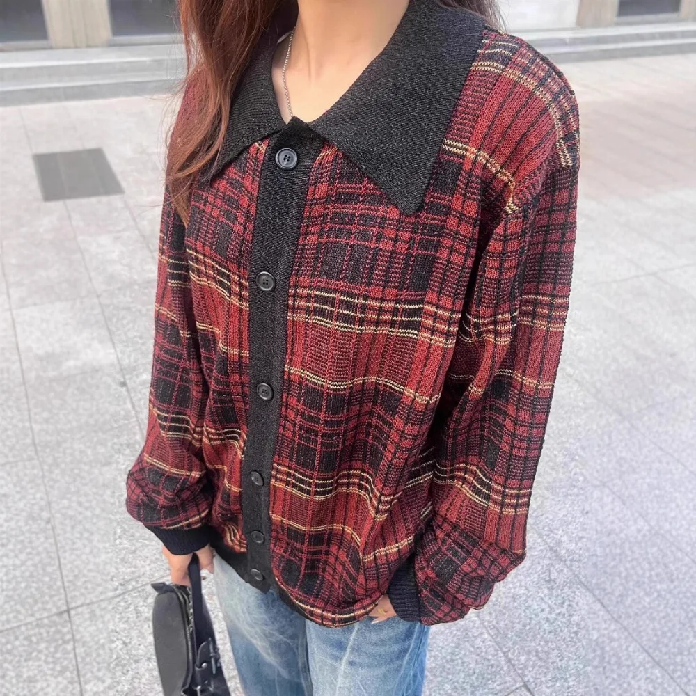 Red brown plaid knit cardigan black contrast collar ribbed trim