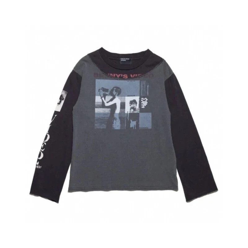Dark grey long sleeve t-shirt with photo collage print and contrast black sleeves