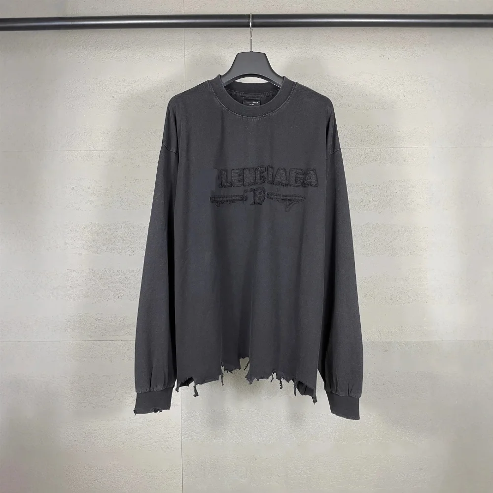 Balenciaga Distressed Logo Embroidery Long-Sleeve T-Shirt