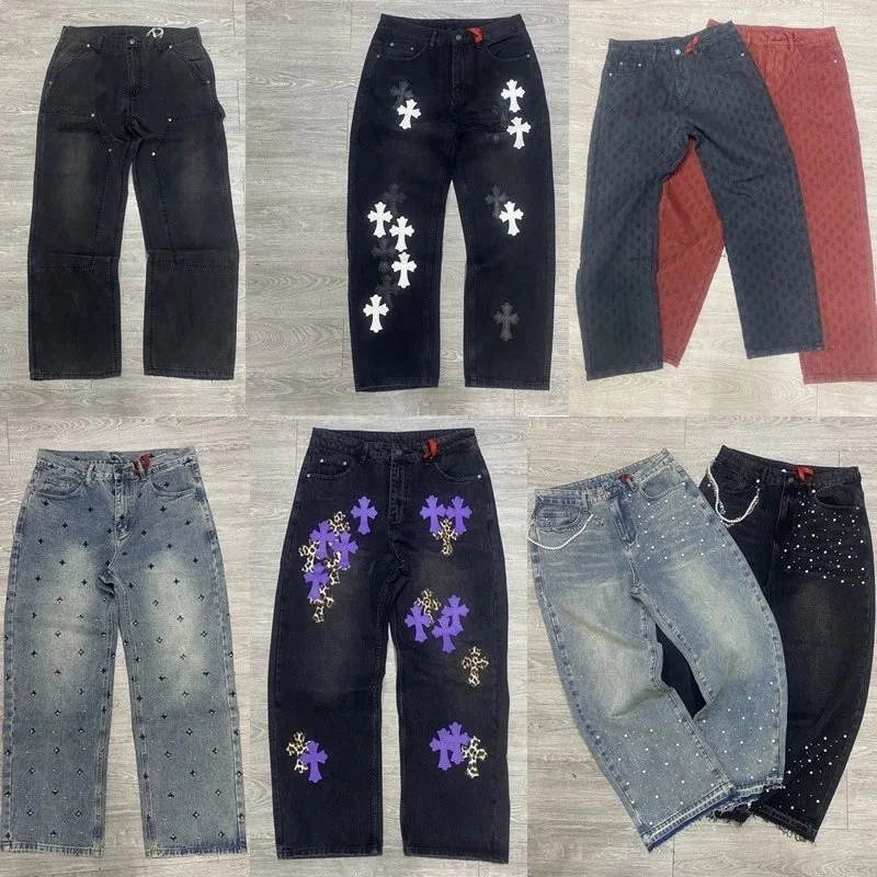 Sp5der Cross-Embroidered Denim Pants