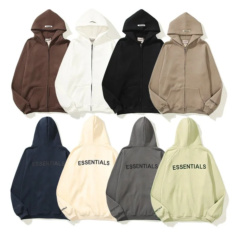 Essentials Zip-Up Hoodie with Front Pocket and Sleeve Logo