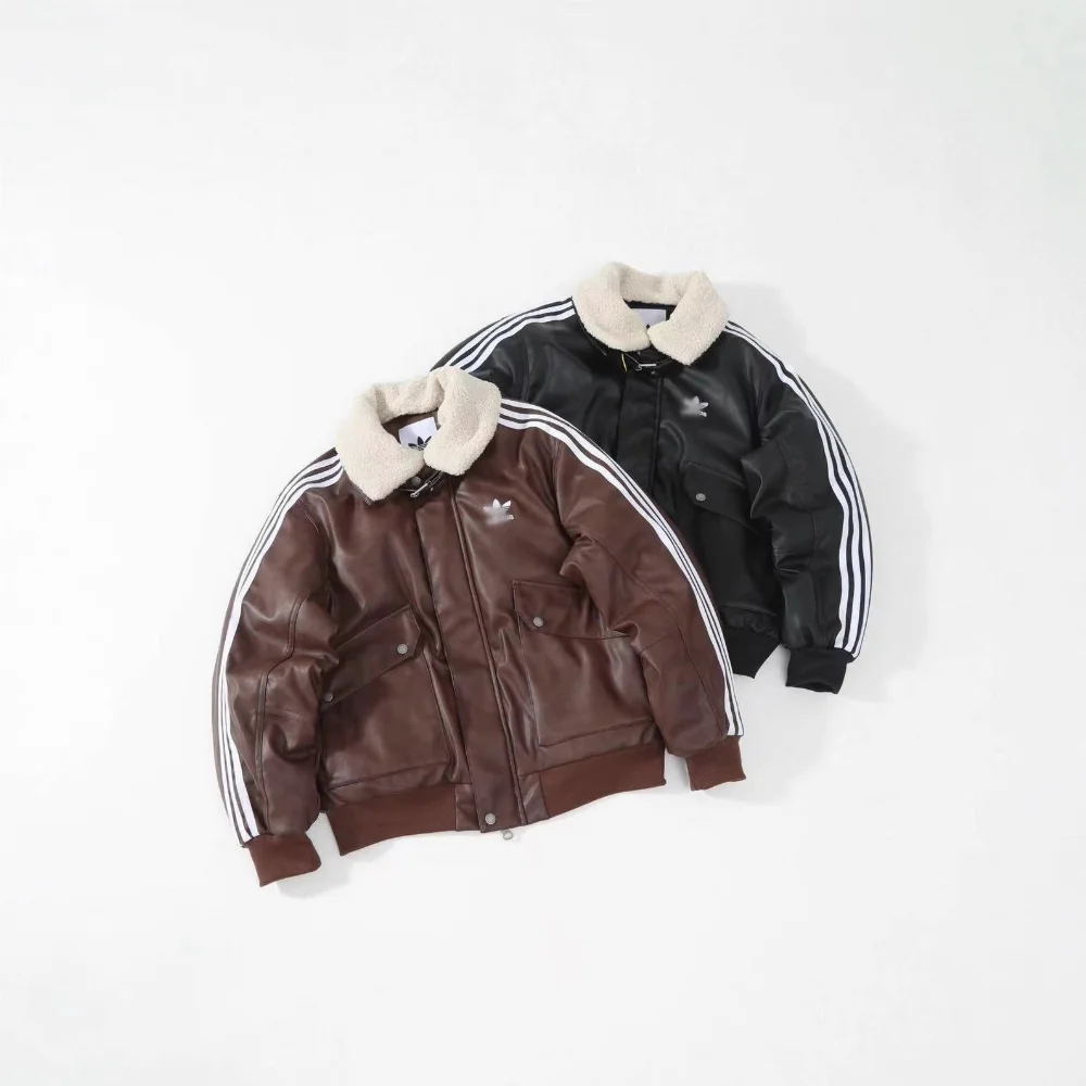 Adidas Three-Stripe Sherpa Collar Leather Jacket