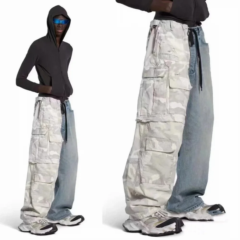 Split-leg camo cargo fabric and light wash denim pants