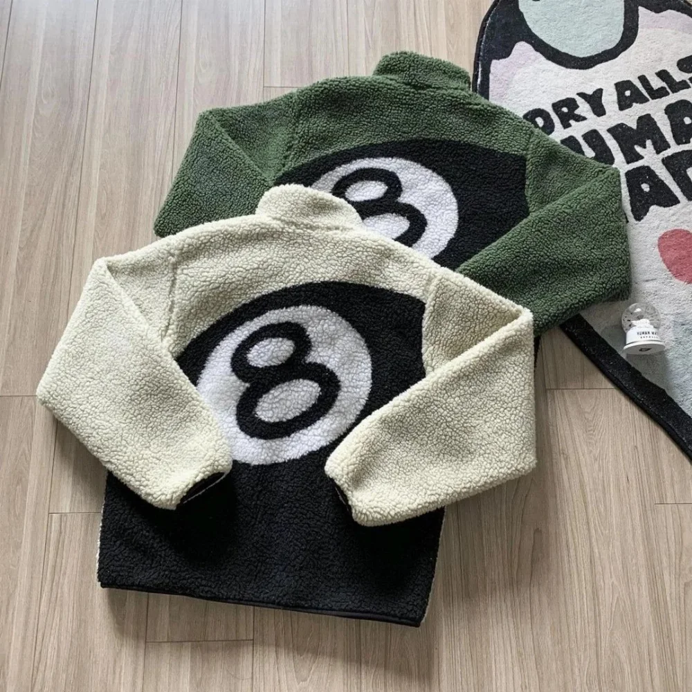 Black and cream sherpa jacket with large 8-ball graphic back panel