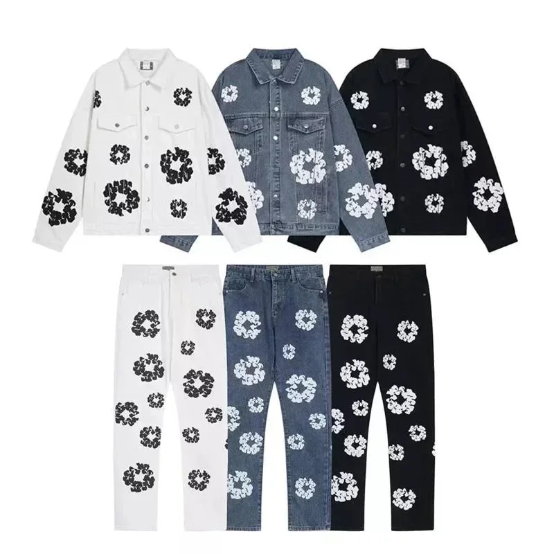 Black blue white denim shorts with white floral prints and frayed hem