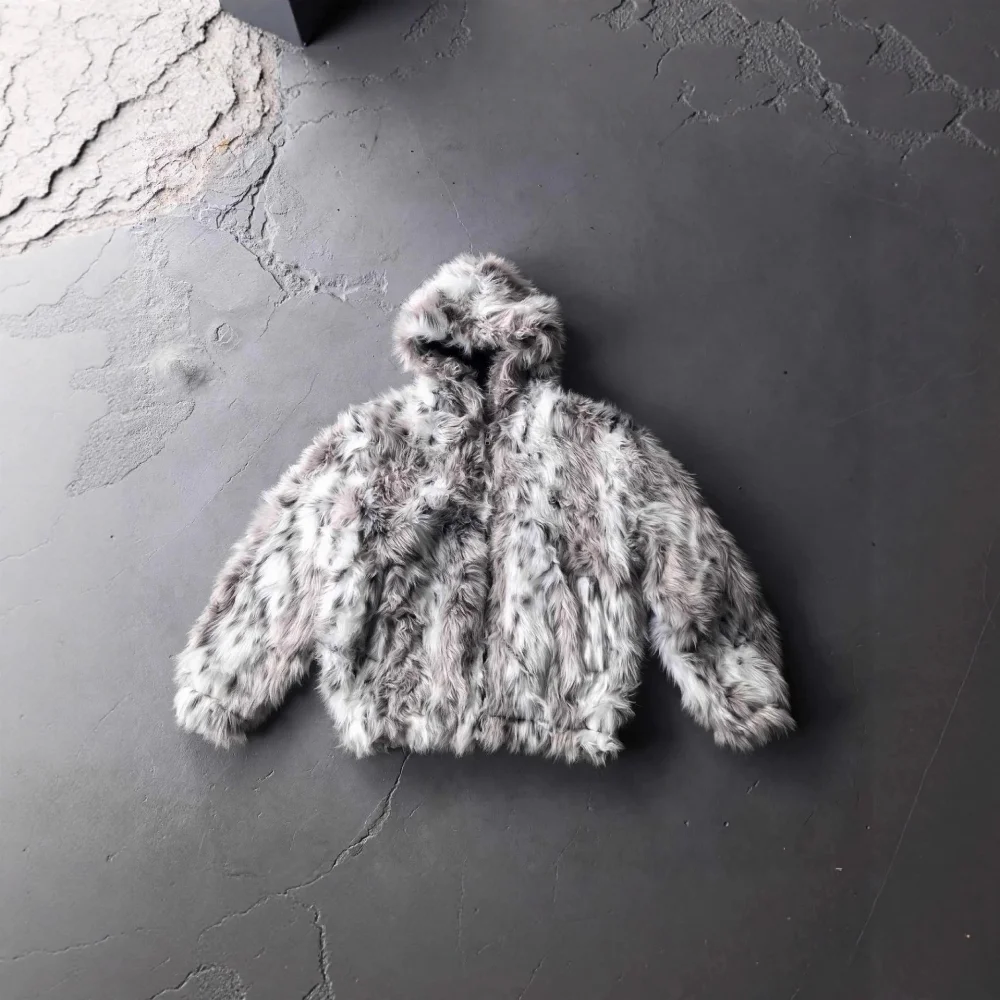 grey white speckled faux fur hooded jacket