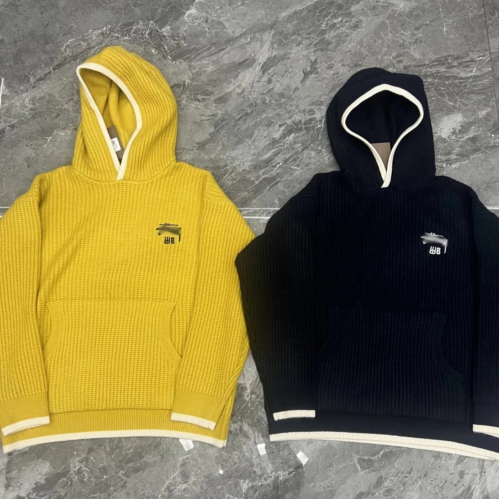 Mustard and navy waffle knit hooded sweater with front pocket and contrast trim