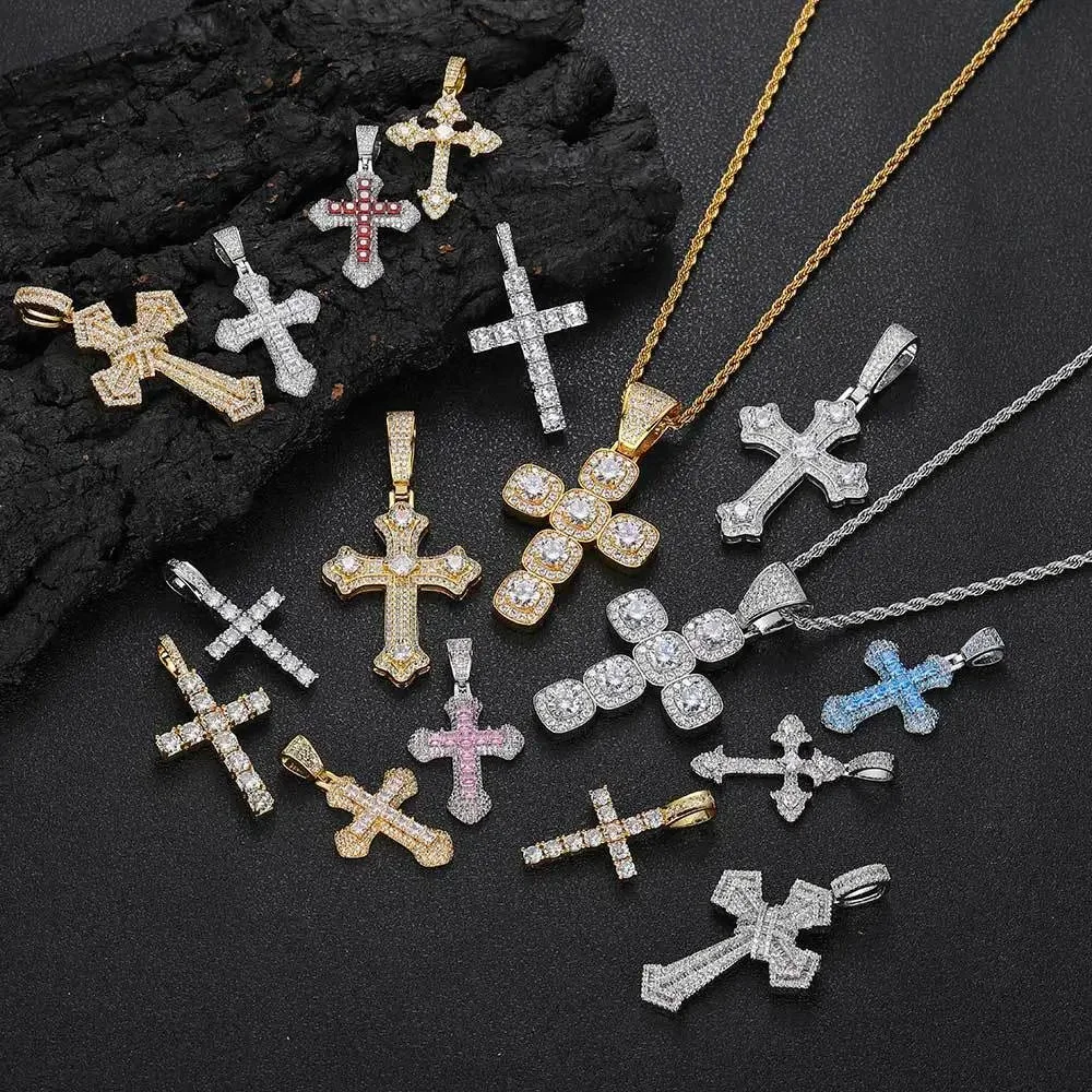 Pave-set zirconia cross pendant on rope chain