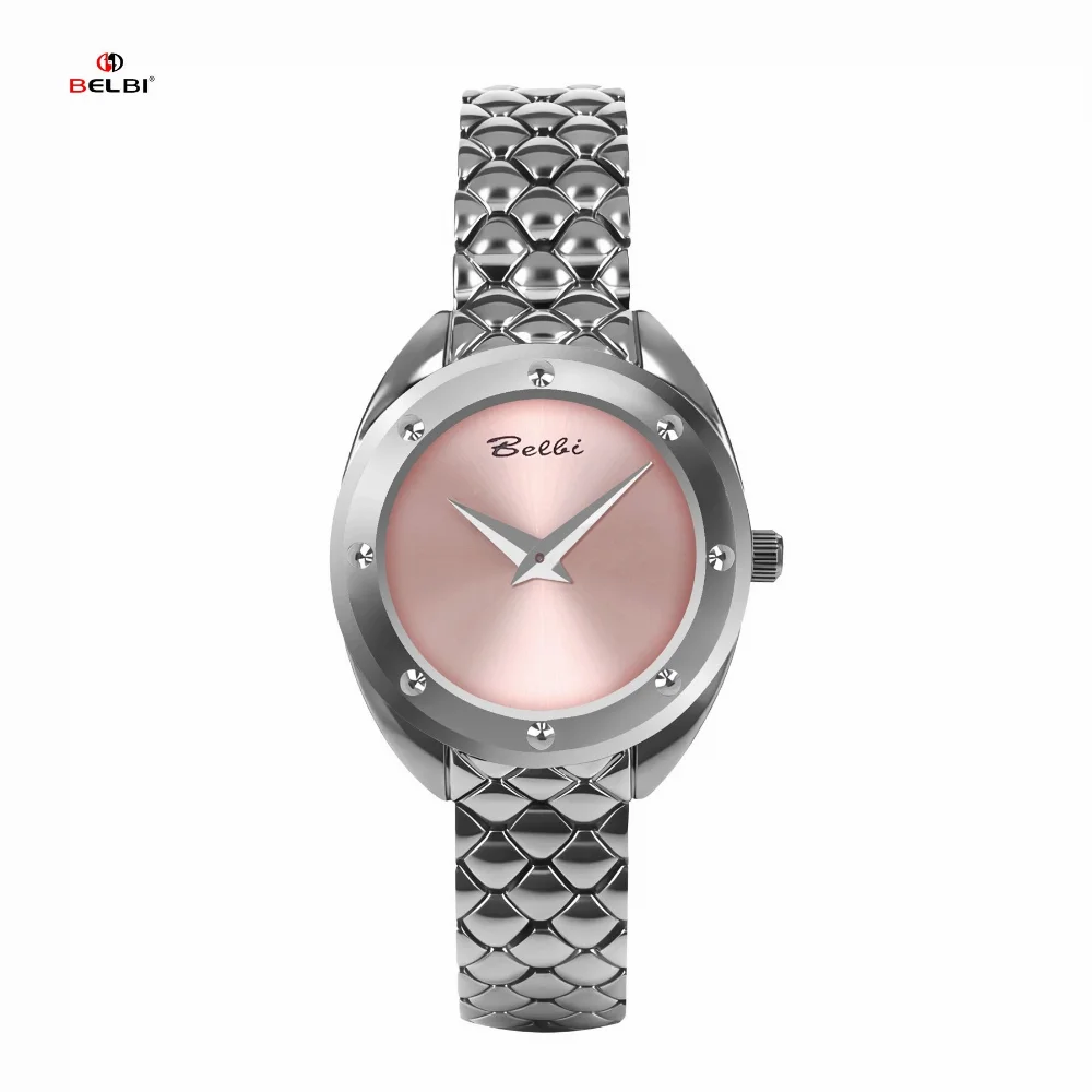 BELBI Silver metallic scale-link bracelet pink dial wristwatch